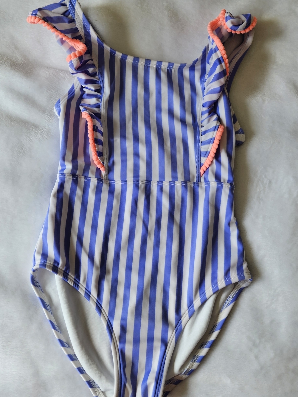 Girls Blue & White Stripe One-Piece Swimsuit with Coral Trim